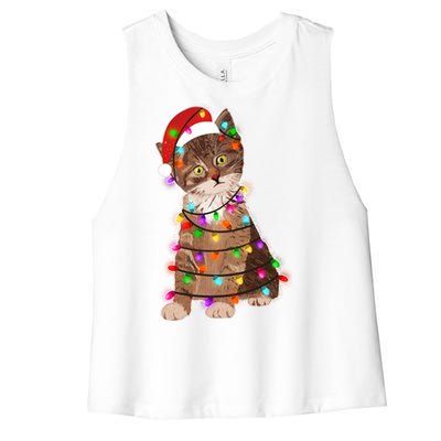 Cat Tangled in Christmas Lights Santa Kitten Women's Racerback Cropped Tank