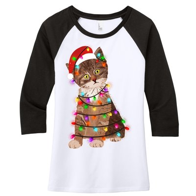 Cat Tangled in Christmas Lights Santa Kitten Women's Tri-Blend 3/4-Sleeve Raglan Shirt