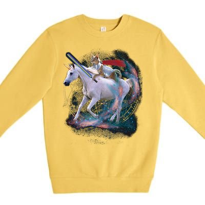 Cat Warrior Riding Unicorn Premium Crewneck Sweatshirt