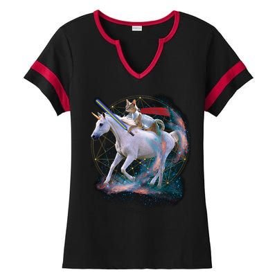 Cat Warrior Riding Unicorn Ladies Halftime Notch Neck Tee