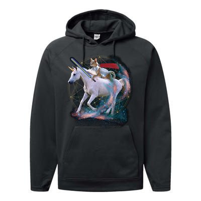 Cat Warrior Riding Unicorn Performance Fleece Hoodie