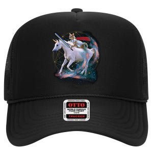 Cat Warrior Riding Unicorn High Crown Mesh Back Trucker Hat