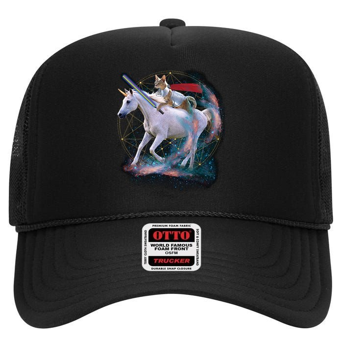 Cat Warrior Riding Unicorn High Crown Mesh Back Trucker Hat