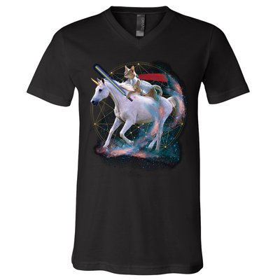 Cat Warrior Riding Unicorn V-Neck T-Shirt