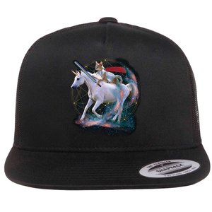 Cat Warrior Riding Unicorn Flat Bill Trucker Hat