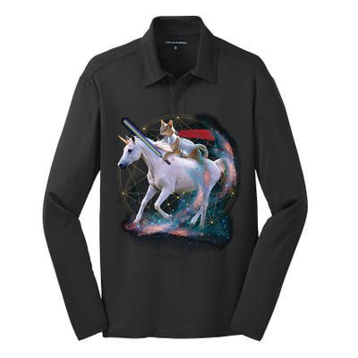 Cat Warrior Riding Unicorn Silk Touch Performance Long Sleeve Polo