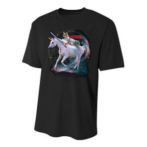 Cat Warrior Riding Unicorn Youth Performance Sprint T-Shirt