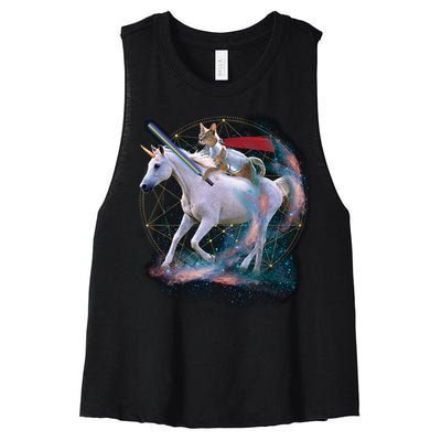 Cat Warrior Riding Unicorn Women's Racerback Cropped Tank