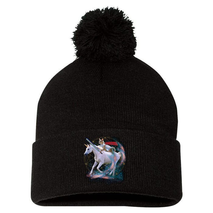 Cat Warrior Riding Unicorn Pom Pom 12in Knit Beanie