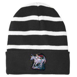 Cat Warrior Riding Unicorn Striped Beanie with Solid Band