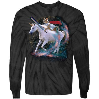 Cat Warrior Riding Unicorn Tie-Dye Long Sleeve Shirt