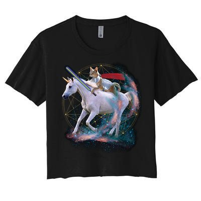 Cat Warrior Riding Unicorn Women's Crop Top Tee