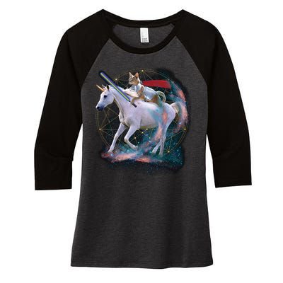 Cat Warrior Riding Unicorn Women's Tri-Blend 3/4-Sleeve Raglan Shirt