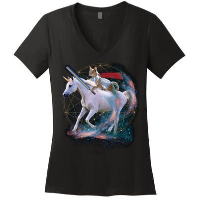 Cat Warrior Riding Unicorn Women's V-Neck T-Shirt