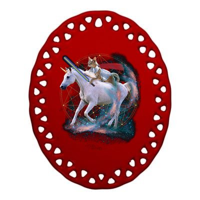 Cat Warrior Riding Unicorn Ceramic Oval Ornament