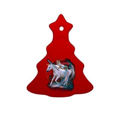 Cat Warrior Riding Unicorn Ceramic Tree Ornament