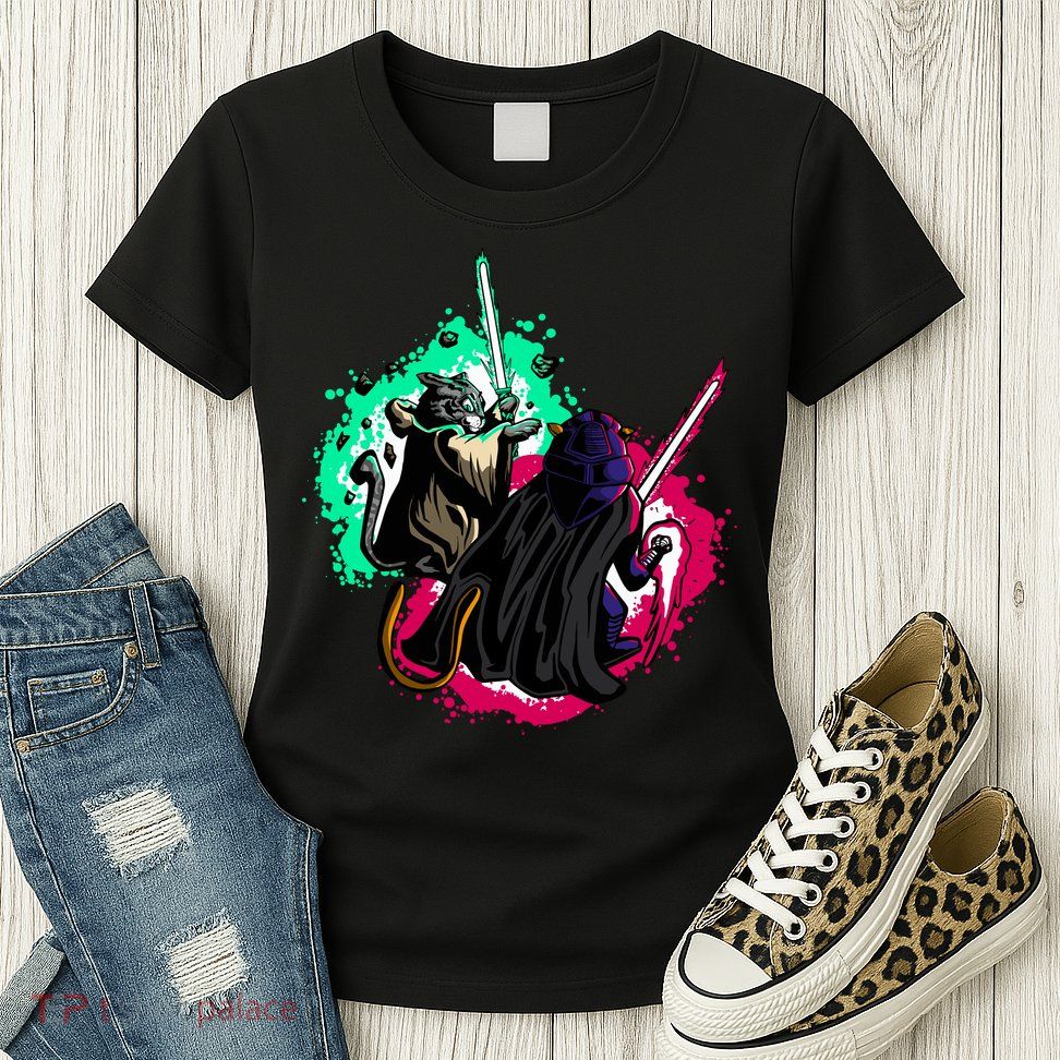 Cat Wars Light Swords Star Cats Funny Womens T-Shirt