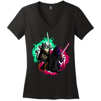Cat Wars Light Swords Star Cats Funny Women's V-Neck T-Shirt