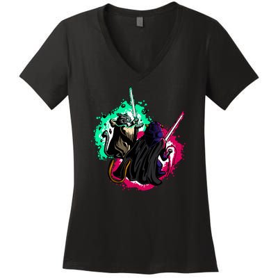 Cat Wars Light Swords Star Cats Funny Women's V-Neck T-Shirt