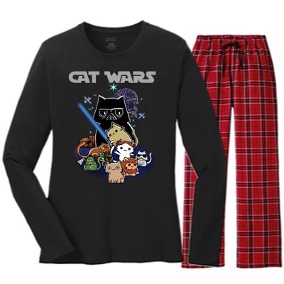 Cat Wars Meow Cat Lover Illustration Women's Long Sleeve Flannel Pajama Set 