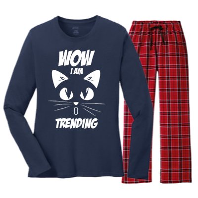 Cat Wow I'm Trending Women's Long Sleeve Flannel Pajama Set 