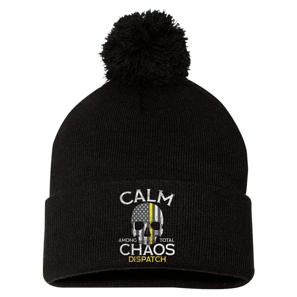 Calm Among Total Chaos 911 Dispatcher Us Flag Pom Pom 12in Knit Beanie