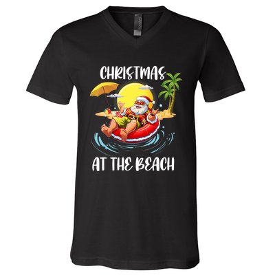 Christmas At The Beach Santa Summer Vacation Beach In July V-Neck T-Shirt