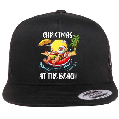 Christmas At The Beach Santa Summer Vacation Beach In July Flat Bill Trucker Hat