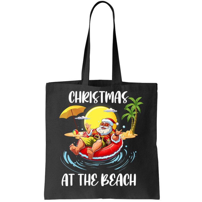 Christmas At The Beach Santa Summer Vacation Beach In July Tote Bag