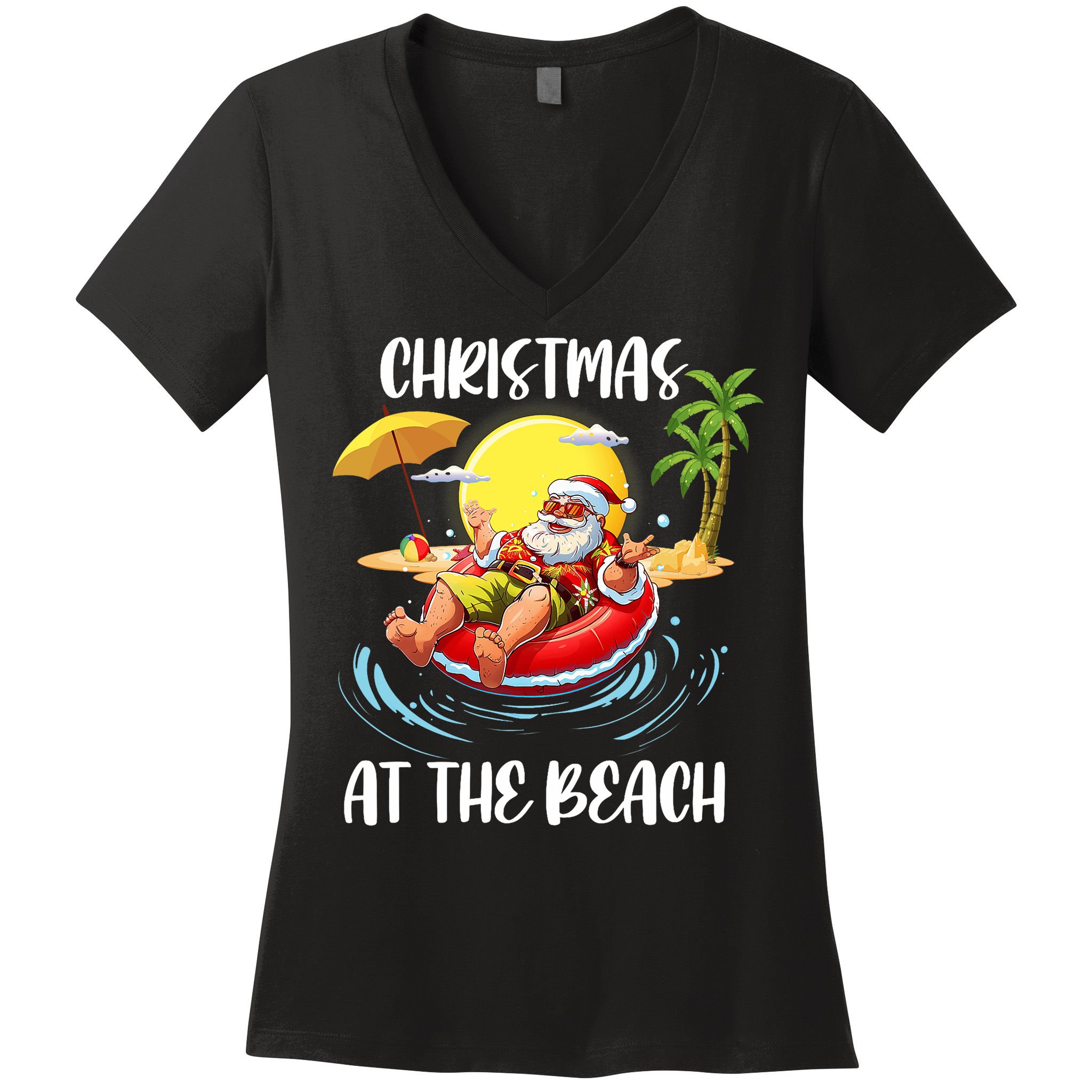 Christmas At The Beach Santa Summer Vacation Beach In July Women's V-Neck T-Shirt