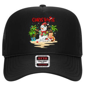 Christmas At The Beach Snowman Summer Vacation Beach In July High Crown Mesh Back Trucker Hat