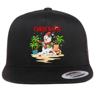 Christmas At The Beach Snowman Summer Vacation Beach In July Flat Bill Trucker Hat