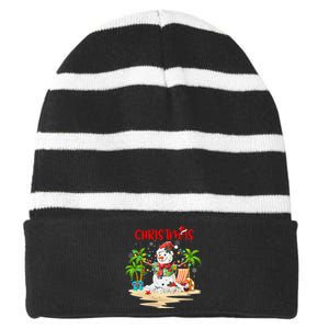 Christmas At The Beach Snowman Summer Vacation Beach In July Striped Beanie with Solid Band