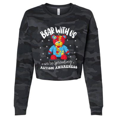 Cute Autism Teddy Bear boy Autism Awareness Month Puzzle Cropped Pullover Crew