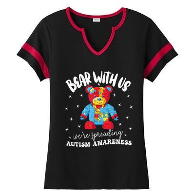 Cute Autism Teddy Bear boy Autism Awareness Month Puzzle Ladies Halftime Notch Neck Tee