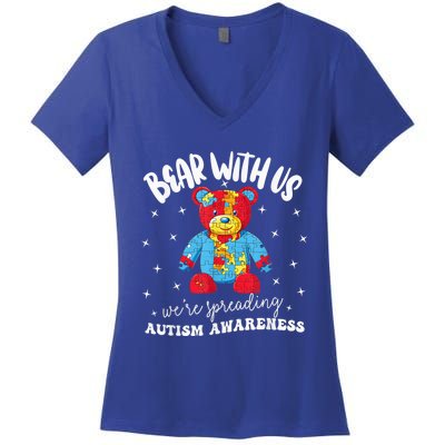 Cute Autism Teddy Bear boy Autism Awareness Month Puzzle Women's V-Neck T-Shirt