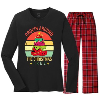 Crocin Around The Christmas Tree Funny Vintage Xmas Women's Long Sleeve Flannel Pajama Set 