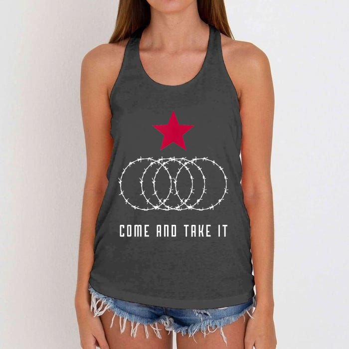 Come And Take It Texas Border Razor Wire Women's Knotted Racerback Tank