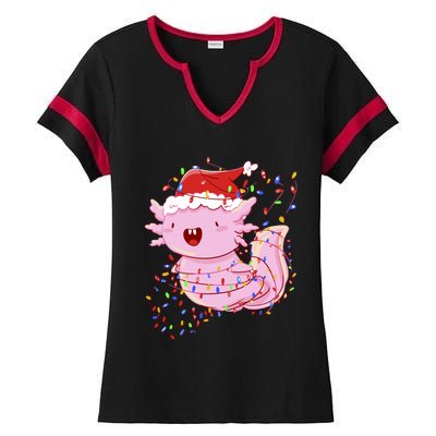 Cute Axolotl Tangled In Christmas Lights Santa Hat Ladies Halftime Notch Neck Tee