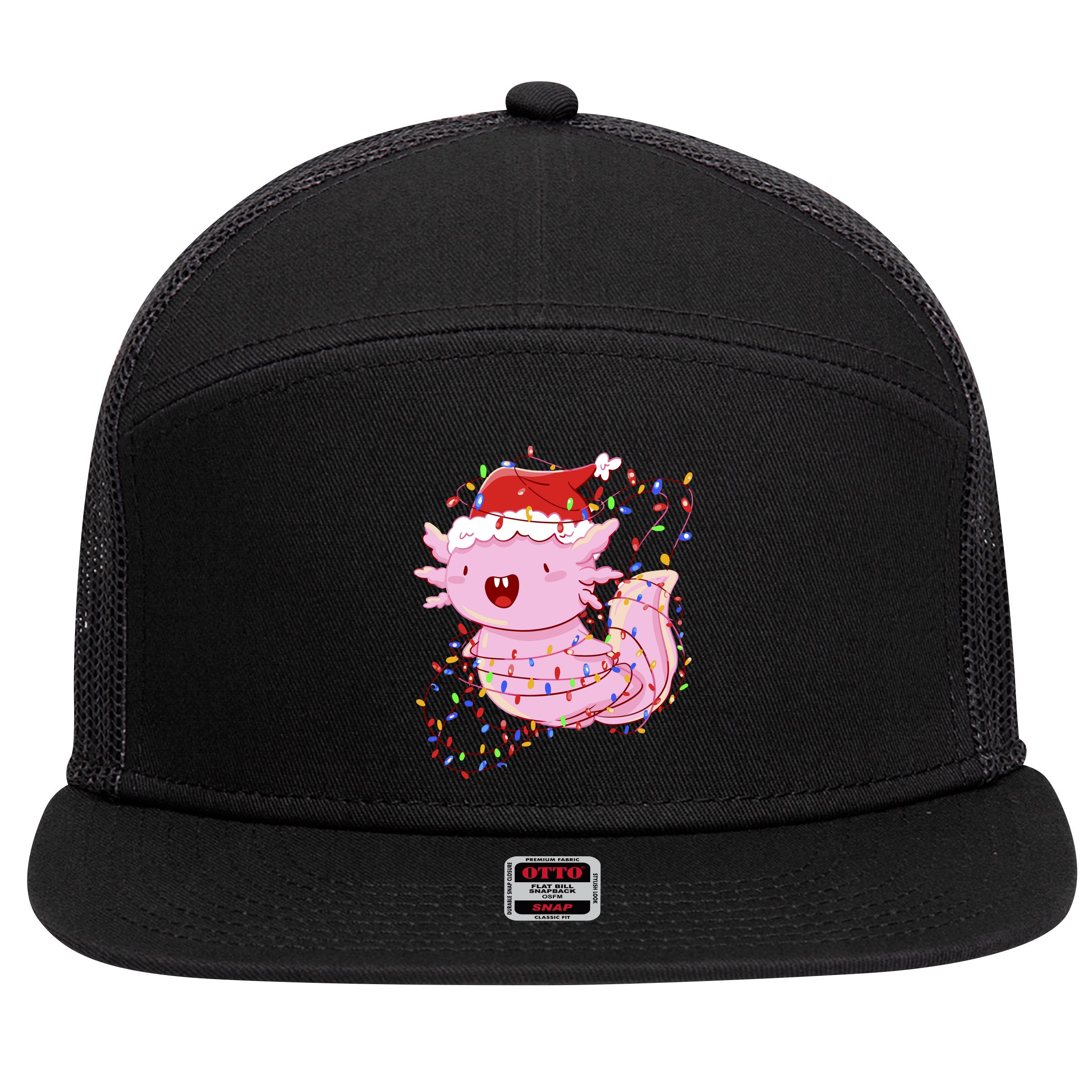 Cute Axolotl Tangled In Christmas Lights Santa Hat 7 Panel Mesh Trucker Snapback Hat