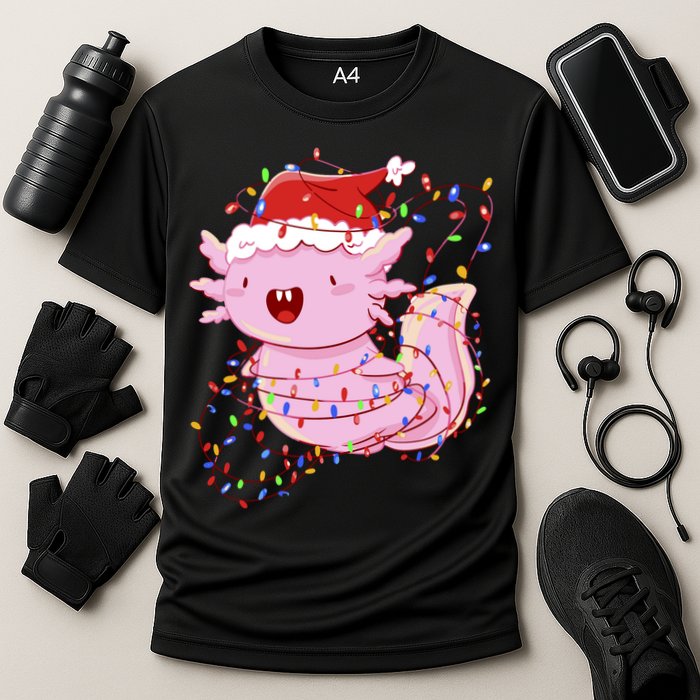 Cute Axolotl Tangled In Christmas Lights Santa Hat Cooling Performance Crew T-Shirt