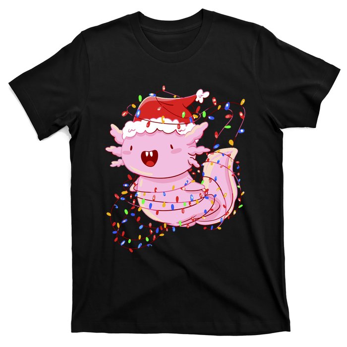 Cute Axolotl Tangled In Christmas Lights Santa Hat T-Shirt