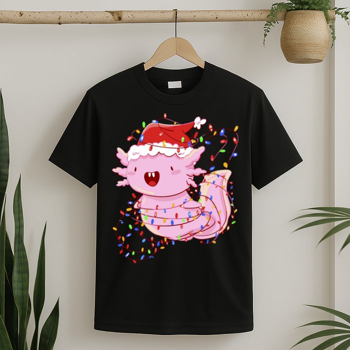 Cute Axolotl Tangled In Christmas Lights Santa Hat T-Shirt