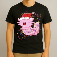 Cute Axolotl Tangled In Christmas Lights Santa Hat T-Shirt