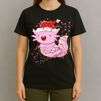 Cute Axolotl Tangled In Christmas Lights Santa Hat T-Shirt