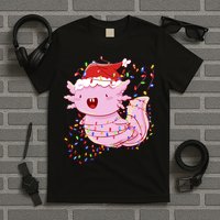 Cute Axolotl Tangled In Christmas Lights Santa Hat T-Shirt