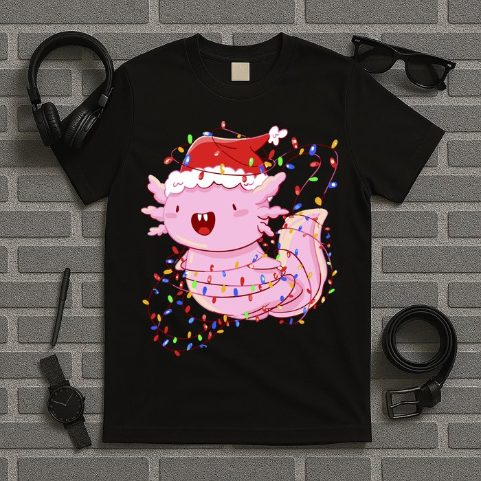 Cute Axolotl Tangled In Christmas Lights Santa Hat T-Shirt