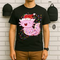 Cute Axolotl Tangled In Christmas Lights Santa Hat T-Shirt