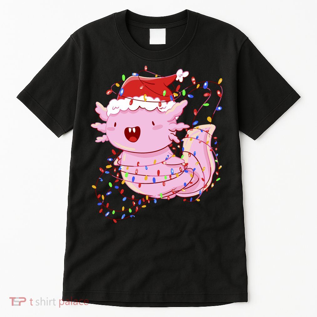 Cute Axolotl Tangled In Christmas Lights Santa Hat Tall T-Shirt