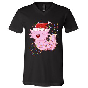 Cute Axolotl Tangled In Christmas Lights Santa Hat V-Neck T-Shirt